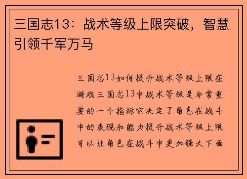 三国志13：战术等级上限突破，智慧引领千军万马